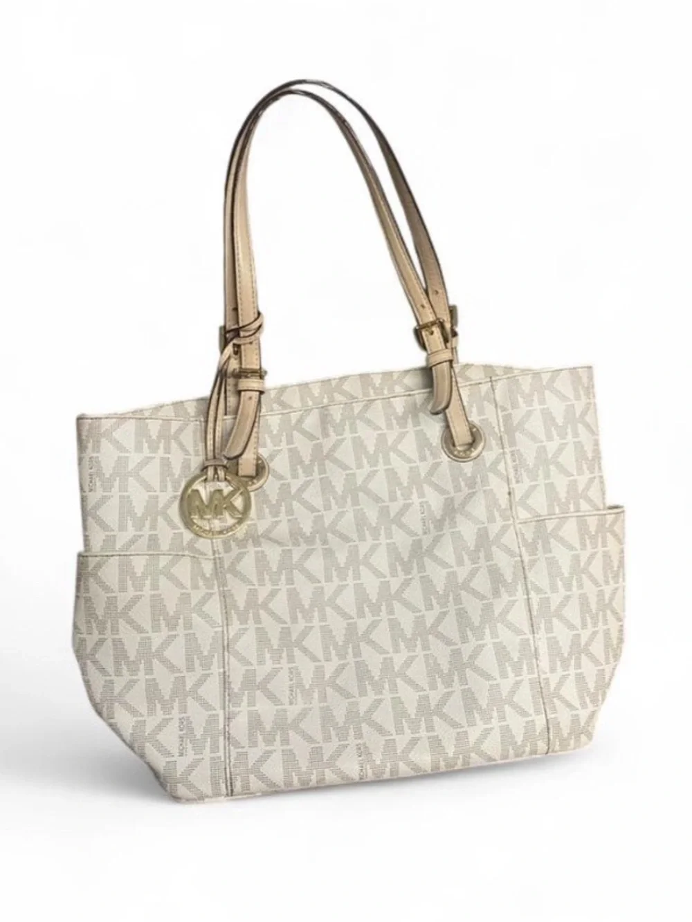 Michael Kors Cream MK Signature Tote with Tan Handles
